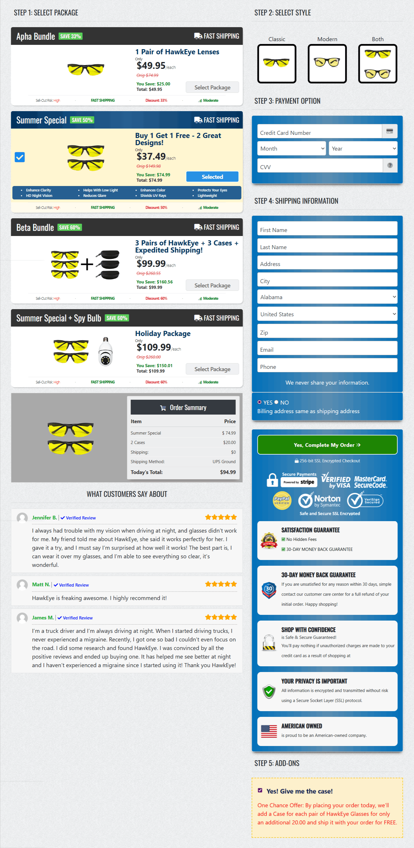 Hawkeye Driving Glasses checkout page